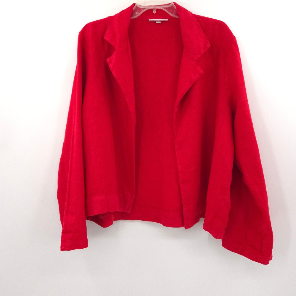 Bryn Walker Linen Blazer Women L Red Open Front Lightweight Made in USA
